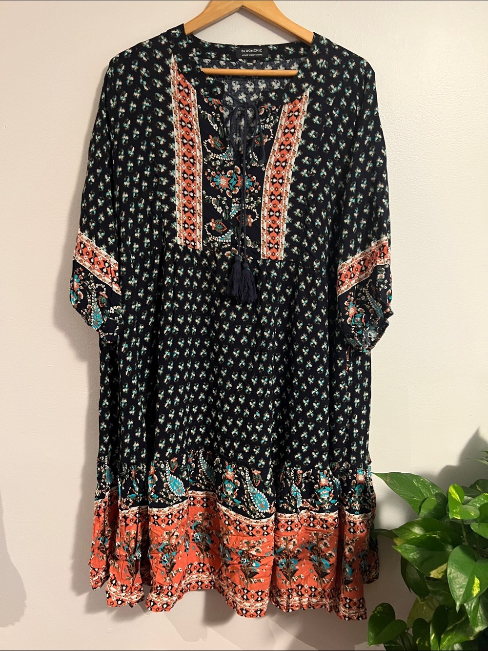 Boho Navy Midi Dress with Coral and Teal Accents, sz 18-20